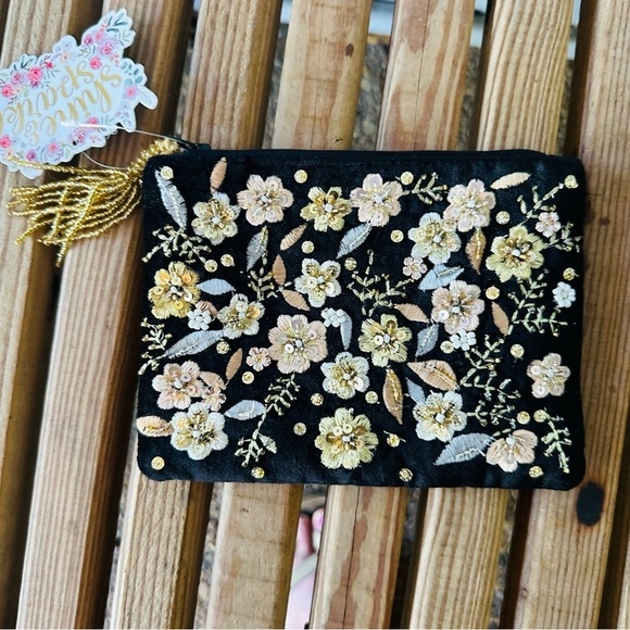 India Black Velvet Floral Embroidery Beaded Zipper Makeup Bag Coin Purse Boho - Picture 7 of 10